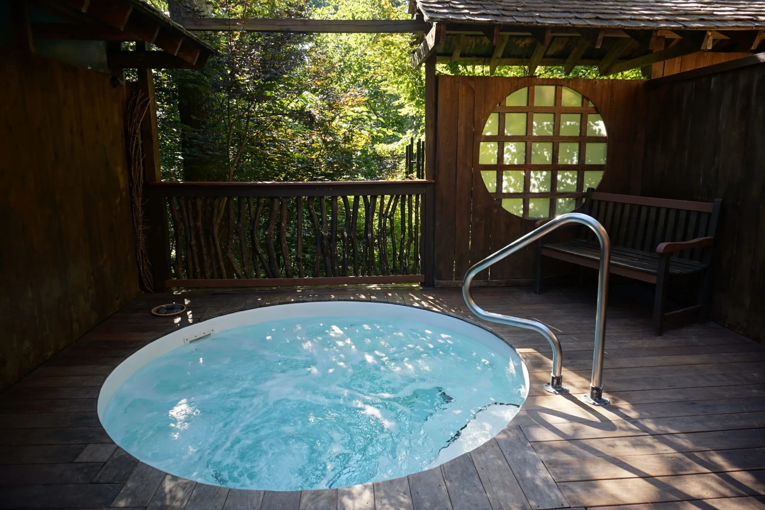 Private outdoor salt tub at Shoji Spa with mountain views